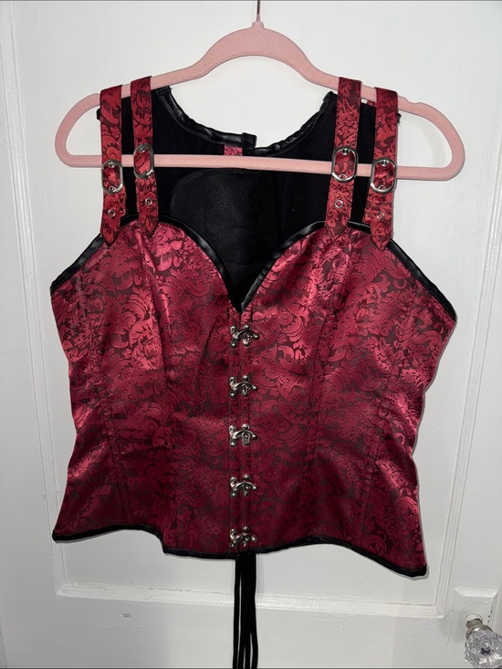 Tops - Red Brocade Corset Top with Buckle Straps